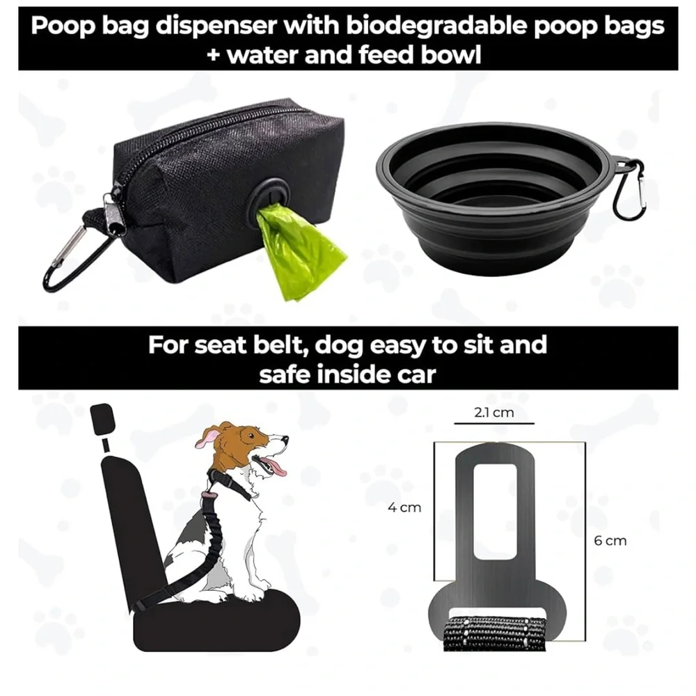 Heavy Duty Dual Handle Dog Leash with Bungee Cord, Seat Belt Loop, Poop Bag